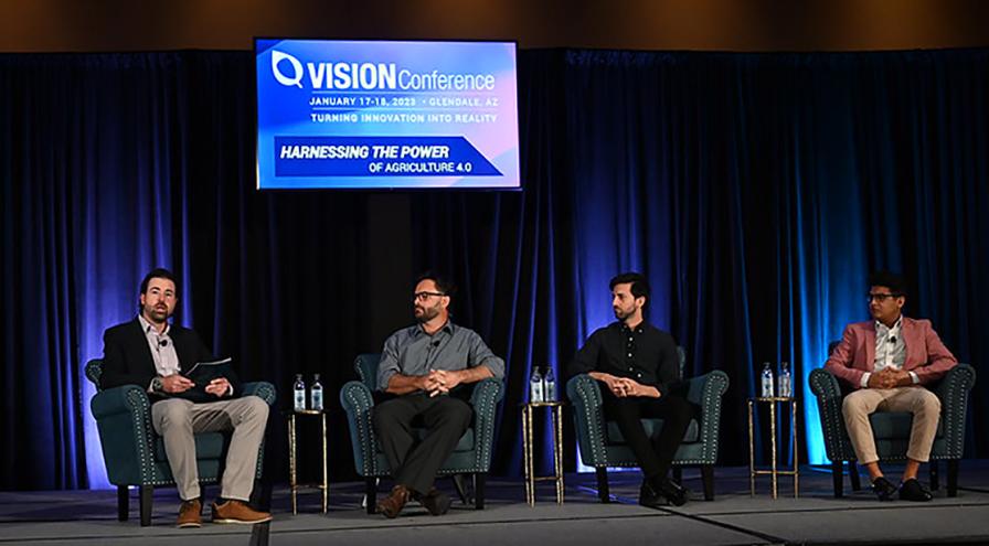 At VISION Conference 2023 in Glendale, AZ, (from left): John Appel, Head of Commercial Sales, Biome Makers, moderates a discussion with panelists Gabe Sibley, Founder and CEO, Verdant Robotics; Michael Kohen, Founder and CEO, SparkAI; and Omar Gomez, Washington Lead Executive, Hectre, for the session titled “Making Autonomy Work in Agriculture.”