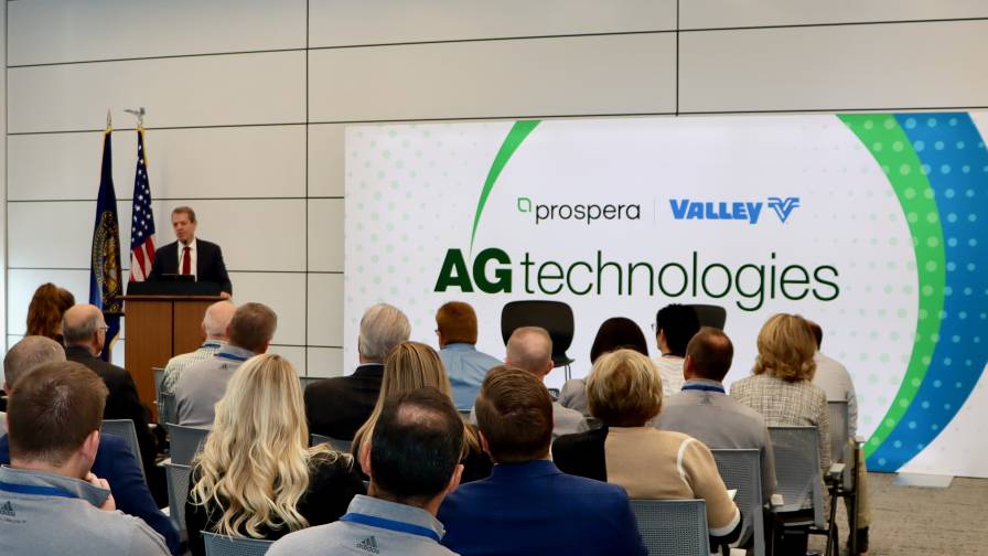 Nebraska Governor Jim Pillen addresses how Valmont's leadership is advancing agricultural productivity. Photo: Business Wire
