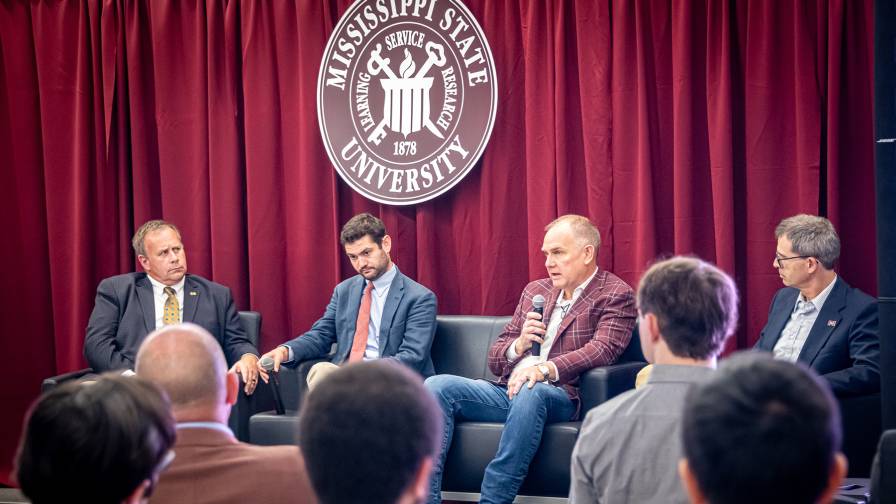 Mississippi State celebrated the formal opening of the university’s new Agricultural Autonomy Institute Oct. 26 with a panel including, from left, College of Agriculture and Life Sciences Dean Scott Willard, who also serves as director of the Mississippi Agricultural and Forestry Experiment Station; agricultural engineer and distinguished panel guest Kit Franklin of the U.K.; MSU Agricultural Autonomy Institute Director Alex Thomasson; and Bagley College of Engineering Dean Jason Keith. (Photo credit: David Ammon)