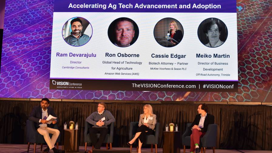 A panel on cross-industry insights into accelerating ag tech advancement and adoption featured an Amazon Web Services executive, a biotech attorney, and the director of Off-Road Autonomy for Trimble. Ram Devarajulu with Cambridge Consultants moderated the discussion between Ron Osborne, Cassie Edgar, and Meiko Martin.